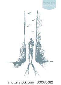 Hand drawn sketch of a man, standing in front of open door. Concept vector illustration