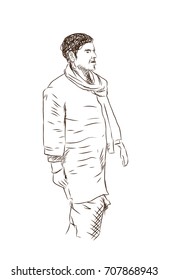 Hand drawn sketch of man walking with muffler in vector.