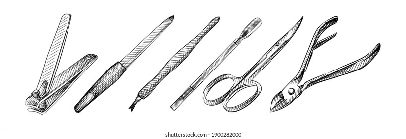 Hand drawn sketch of Manicure and pedicure tools set. Nail care equipment. Cuticle cutter, nail file, manicure scissors, cuticle pusher, nail cutters