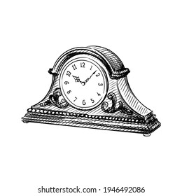 Hand drawn sketch of Mantel  Tabletop clock on a white background. Clock. Wall clock. Watches. Alarm. Time.