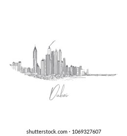 Hand drawn sketch of Marina Dubai UAE. City and beach coast with sand beaches at United Arab Emirates. Illustration. Vector. 