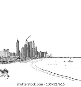 Hand drawn sketch of Marina Dubai UAE. City and beach coast with sand beaches at United Arab Emirates. Illustration. Vector. 