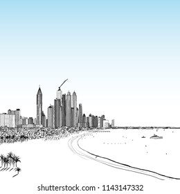 Hand drawn sketch of Marina Dubai UAE. City and beach coast with sand beaches at United Arab Emirates. Illustration. Vector. 