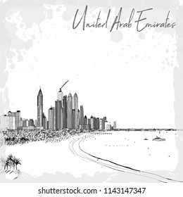 Hand drawn sketch of Marina Dubai UAE. City and beach coast with sand beaches at United Arab Emirates. Illustration. Vector. 