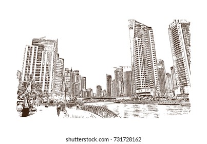 Hand drawn sketch of Marina Dubai in vector illustration.