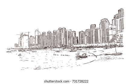 Hand drawn sketch of Marina Dubai in vector illustration.