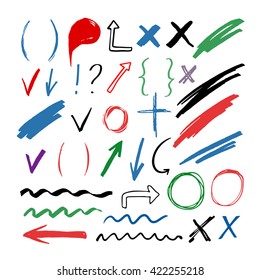 Hand drawn sketch marker, brushed signs, arrows, speech bubbles, lines, tick, x, handwritten, marker design elements set  isolated