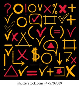 Hand drawn sketch marker icon, symbol, signs, arrows, check mark, speech bubble, tick, geometric shapes. Design elements set isolated on black background