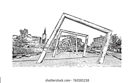 Hand drawn sketch of Mary Park,Chicago Park District skyline, big city, architecture, engraving in vector illustration.