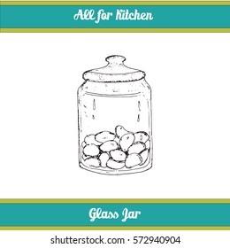 Hand drawn sketch of mason jar with sweets or cookies inside. Vector illustration. black line on a white background. 