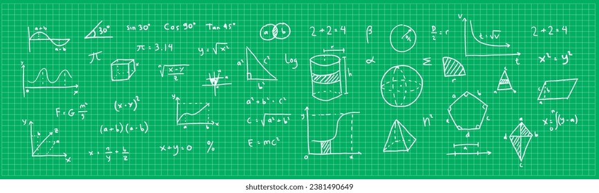 Nota de resumen de dibujo a mano. Fondo de la página del cuaderno de símbolos matemáticos. Fórmulas científicas y cálculos vectoriales de señalización escolar de geometría