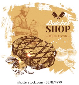 Hand Drawn Sketch Meat Butcher Shop Background. Vector Vintage Illustration. Menu Poster Design