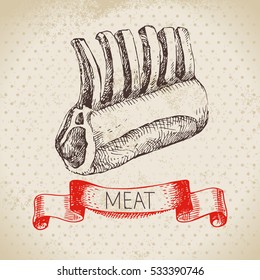 Hand Drawn Sketch Meat Product. Vector Vintage Lamb Ribs Illustration. Menu Design