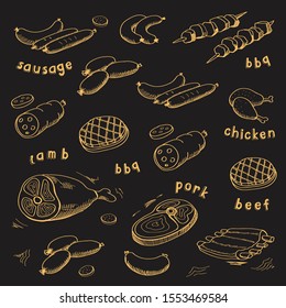 Hand drawn sketch meat products set on black background. Beef steak, ham, pork fillet, lamb collection 