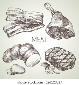 Conjunto de produtos de carne desenhados à mão. Vector preto e branco ilustração vintage. Objeto isolado em fundo branco. Design do menu