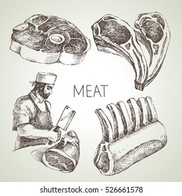 Hand drawn sketch meat products set. Vector black and white vintage illustration. Isolated object on white background. Menu design