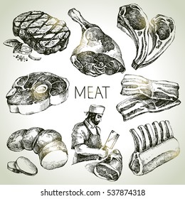 Hand drawn sketch meat products set. Vector black and white vintage illustration. Isolated object on white background. Menu design