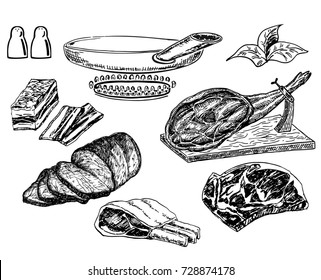 Hand drawn sketch meat products set. Vector black and white vintage illustration. Isolated object on white background. Menu design