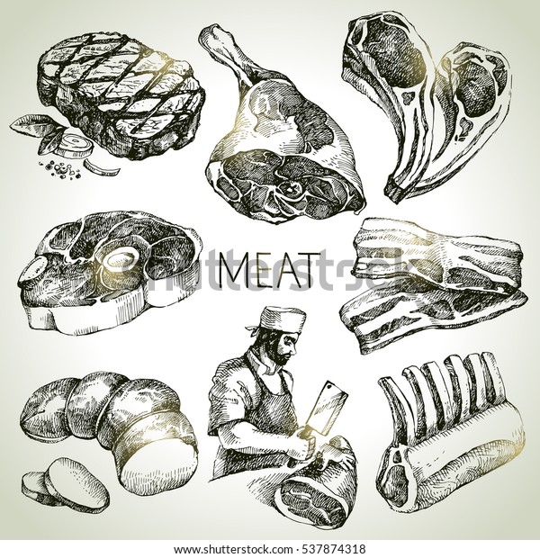 手描きのスケッチ肉製品セット 白黒のベクター画像ビンテージイラスト 白い背景に分離型オブジェクト メニューデザイン のベクター画像素材 ロイヤリティ フリー