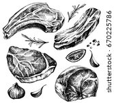 Hand drawn sketch meat set. detailed ink food illustration. Steak meat hand drawing with pepper and rosemary, lemon, garlic. 