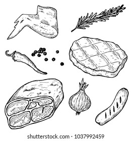 Hand drawn sketch meat set. Steak, meat, sausage, chicken wing, chilli, pepper, rosemary and onion. Vector illustrations.