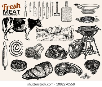 Hand drawn sketch meat set. detailed ink food illustration. Steak meat hand drawing. Illustration with meat products. Sketch. Vintage style. Retro background.