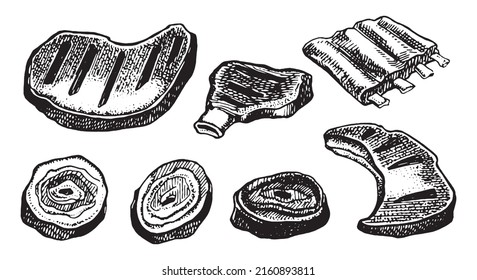 Hand drawn sketch meat set. Detailed ink food illustration. Steak meat hand drawing.