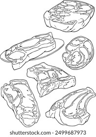 Hand drawn sketch meat set. Lamb meat slice, beef meat, lamb leg, ribs. Butcher shop product. detailed ink food illustration. Steak meat hand drawing on white background - Vector set