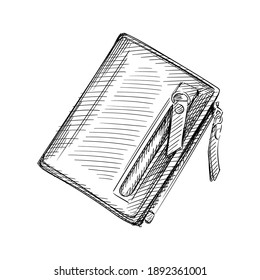 Hand drawn sketch of men wallet on a white background. Wallet, money purse, money pocket. Male wallet