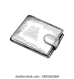 Hand drawn sketch of men wallet on a white background. Wallet, money purse, money pocket. Male wallet