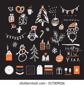 Hand drawn sketch. Merry Christmas and Happy New Year set. Decorative elements. Vector illustration. Isolated. RGB. Gradients free. Each elements are grouped separately