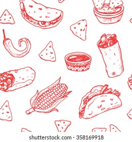Hand drawn sketch Mexican food seamless background.