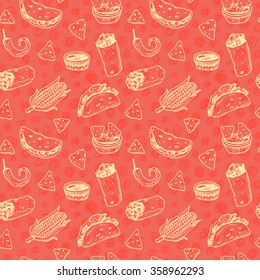 Hand drawn sketch Mexican food seamless red background.