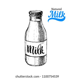 Hand drawn sketch milk products background. Vector black and white vintage illustration