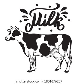 Hand drawn sketch milk products background. Text Milk, Dairy farm, Organic, Natural product. Logo of a dairy cow for the dairy and meat business. vector illustration, black