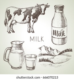 Hand drawn sketch milk products set. Vector black and white vector vintage illustration