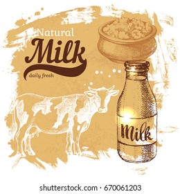 Hand drawn sketch milk products background. Vector vintage illustration