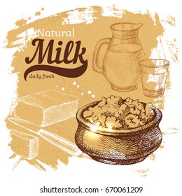 Hand drawn sketch milk products background. Vector vintage illustration