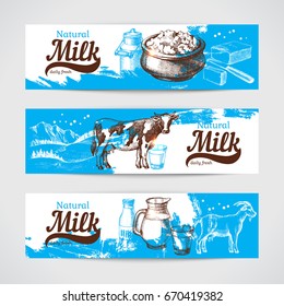 Hand drawn sketch milk products banner set. Vector vintage illustration