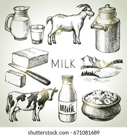 Hand drawn sketch milk products set. Vector black and white vector vintage illustration