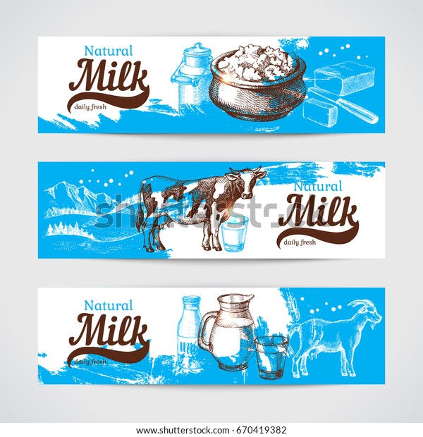 Hand drawn sketch milk products banner set.
Vector vintage
illustration