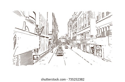 Hand drawn sketch of Mina bazaar Bur Dubai in vector Illustrator. Dubai United Arab Emirates.