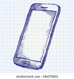 Hand drawn sketch of mobile phone with shadow on paper notebook.