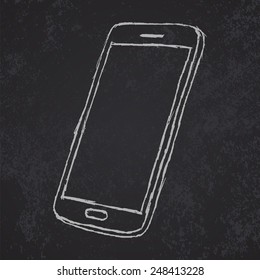 Hand drawn sketch of mobile phone outlined on blackboard.