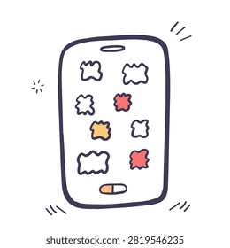 A hand drawn sketch of a mobile phone displaying various app icons in different colors on the screen