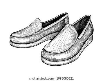 Esbozo dibujado a mano de mocasinas aisladas en un fondo blanco. Concepto de zapatos de confort en un estilo casual moderno. Vista lateral. Ilustración del vector