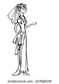 Hand drawn sketch of model in bride dress. Vector linear illustration of the bride. Image in vintage style of the woman in  dress isolated on white  background.