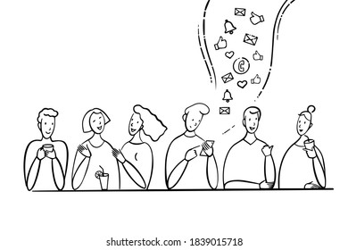Hand drawn sketch, modern life of young people. Life with smartphones. phone addiction