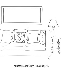 Hand Drawn Sketch Of Modern Living Room Interior With A Couch, Pillows And A Lamp.