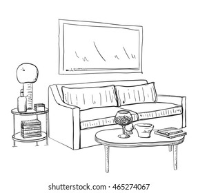 Hand drawn sketch of modern living room interior with a small coffee table and lamp.